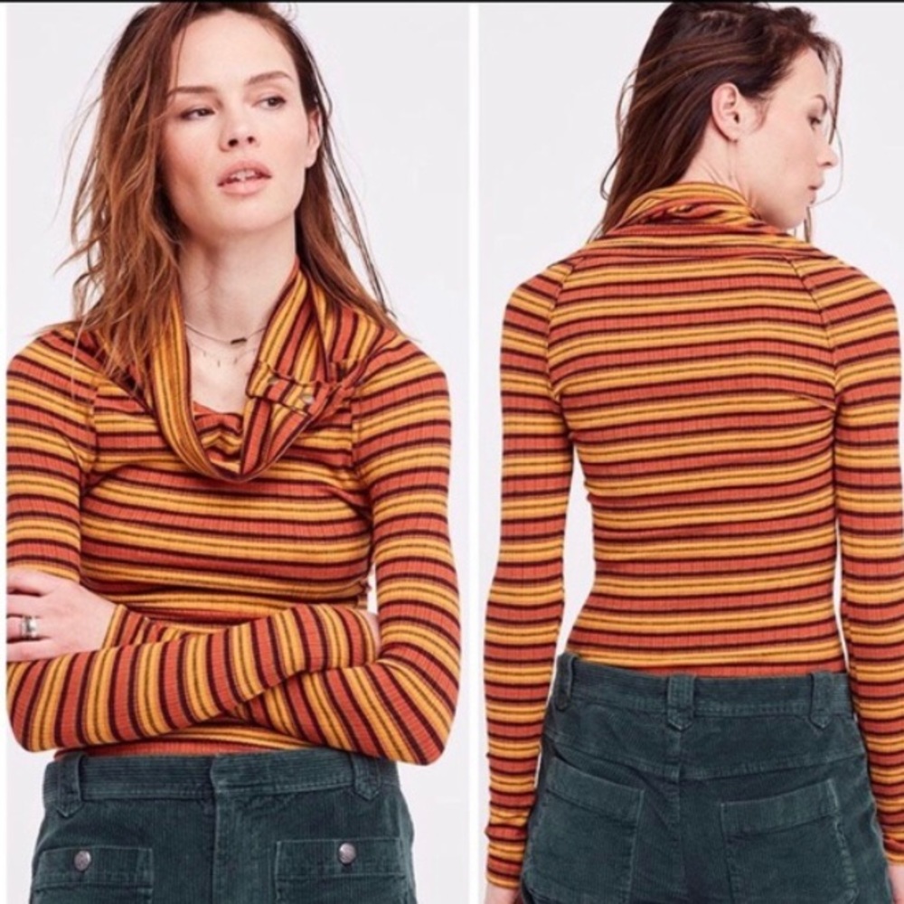 Free people Cape Cod Thermal Long Sleeve Cowl Neck Over The Shoulder Stripe Top